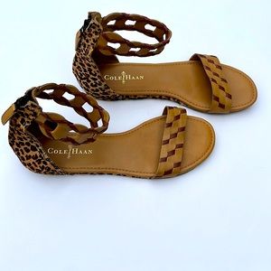 Cole Haan Leopard Print Leather Braided Ankle Sandals